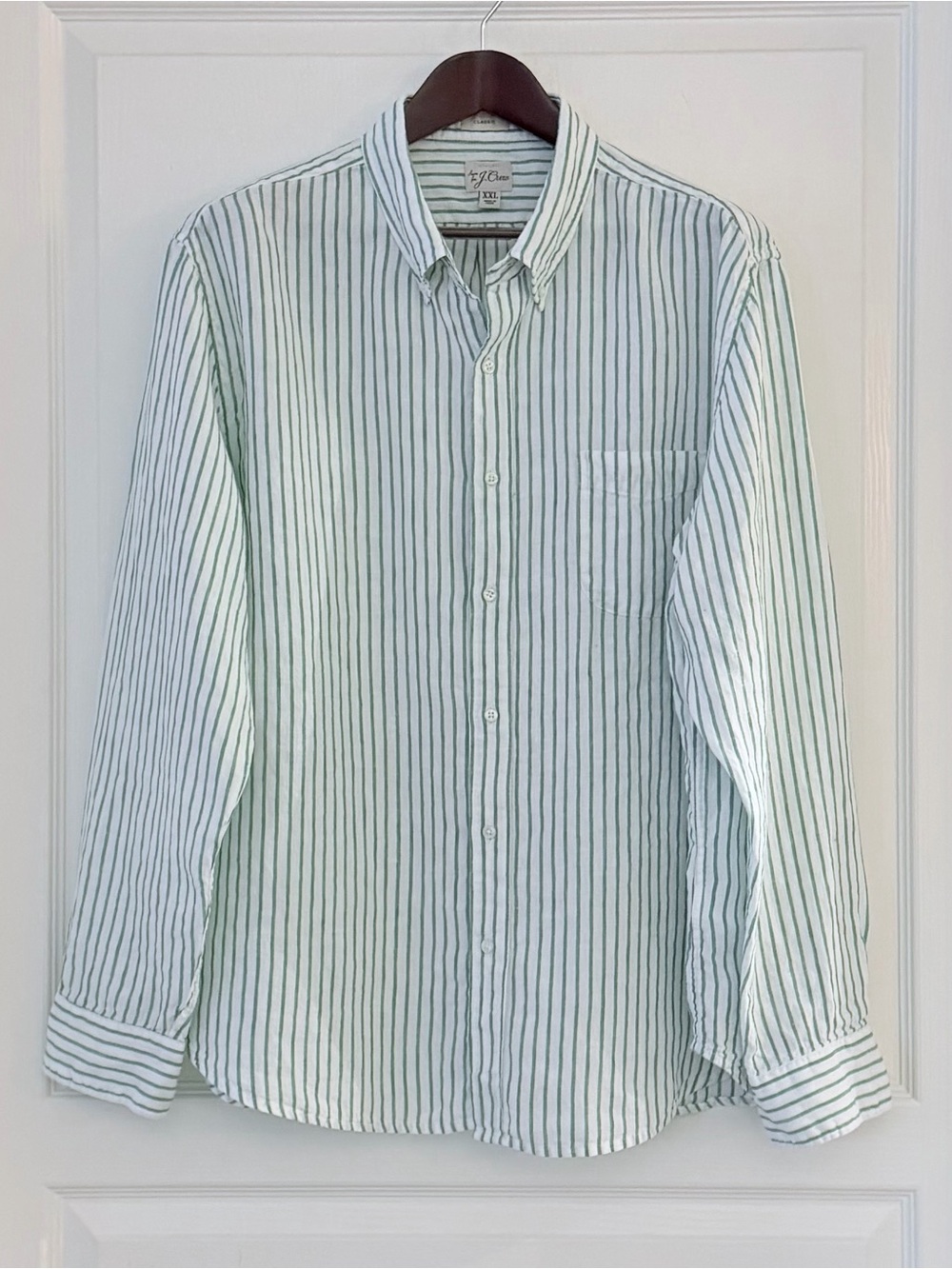 J. Crew Men's Irish LinenLight Green and White Vertical Stripe Button-Down Shirt